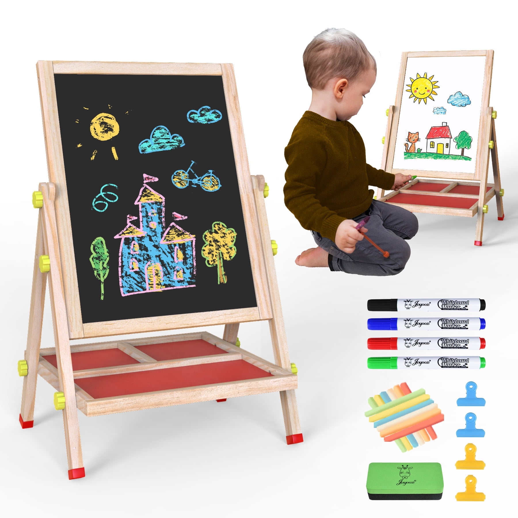 JOYOOSS 3-in-1 Kids Easel with Chalkboard & Whiteboard, Wooden Toddler Art Easel for Ages 4-12, Adjustable Magnetic Drawing Board with Markers & Eraser 105-Natural