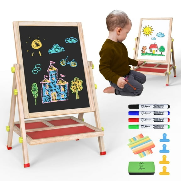 JOYOOSS 3-in-1 Kids Easel with Chalkboard & Whiteboard, Wooden Toddler Art Easel for Ages 4-12, Adjustable Magnetic Drawing Board with Markers & Eraser 105-Natural