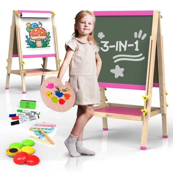 JOYOOSS 25.2 in - 37 in Adjustable Wood Children's Art Easels with Drawing Paper, Chalk, Markers, Eraser, Magnetic Letters
