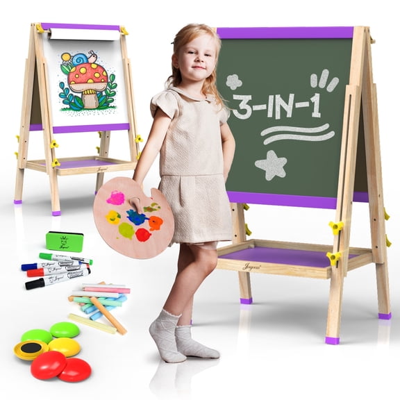 JOYOOSS 25.2 in - 37 in Adjustable Wood Children's Art Easels with Drawing Paper, Chalk, Markers, Erasers, and Magnetic Letters