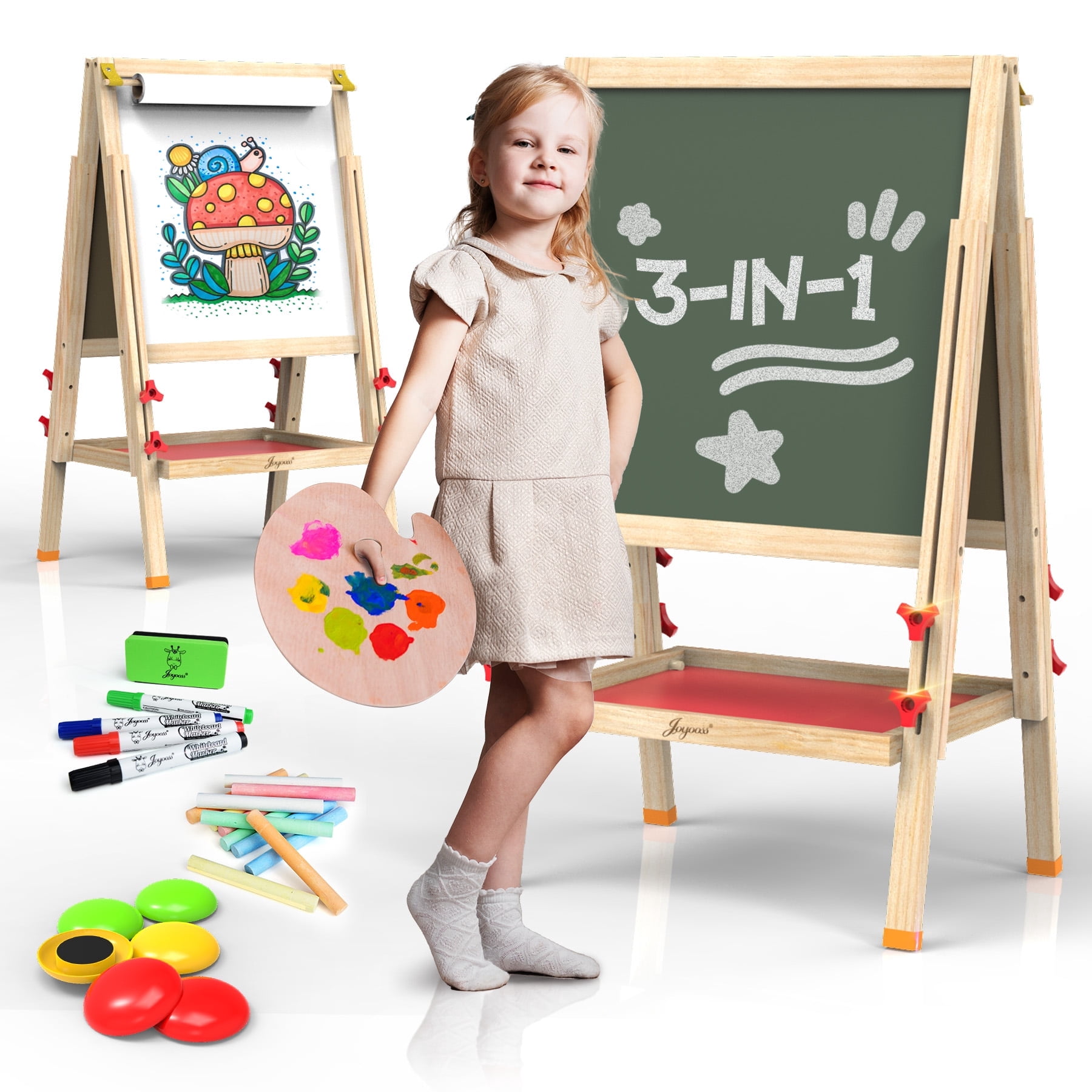 JOYOOSS Easel for Kids Art Easel Kids Easels for Toddlers Easel,Dual-Sided Adjustable Wooden Magnetic Board for Kids 106-RED