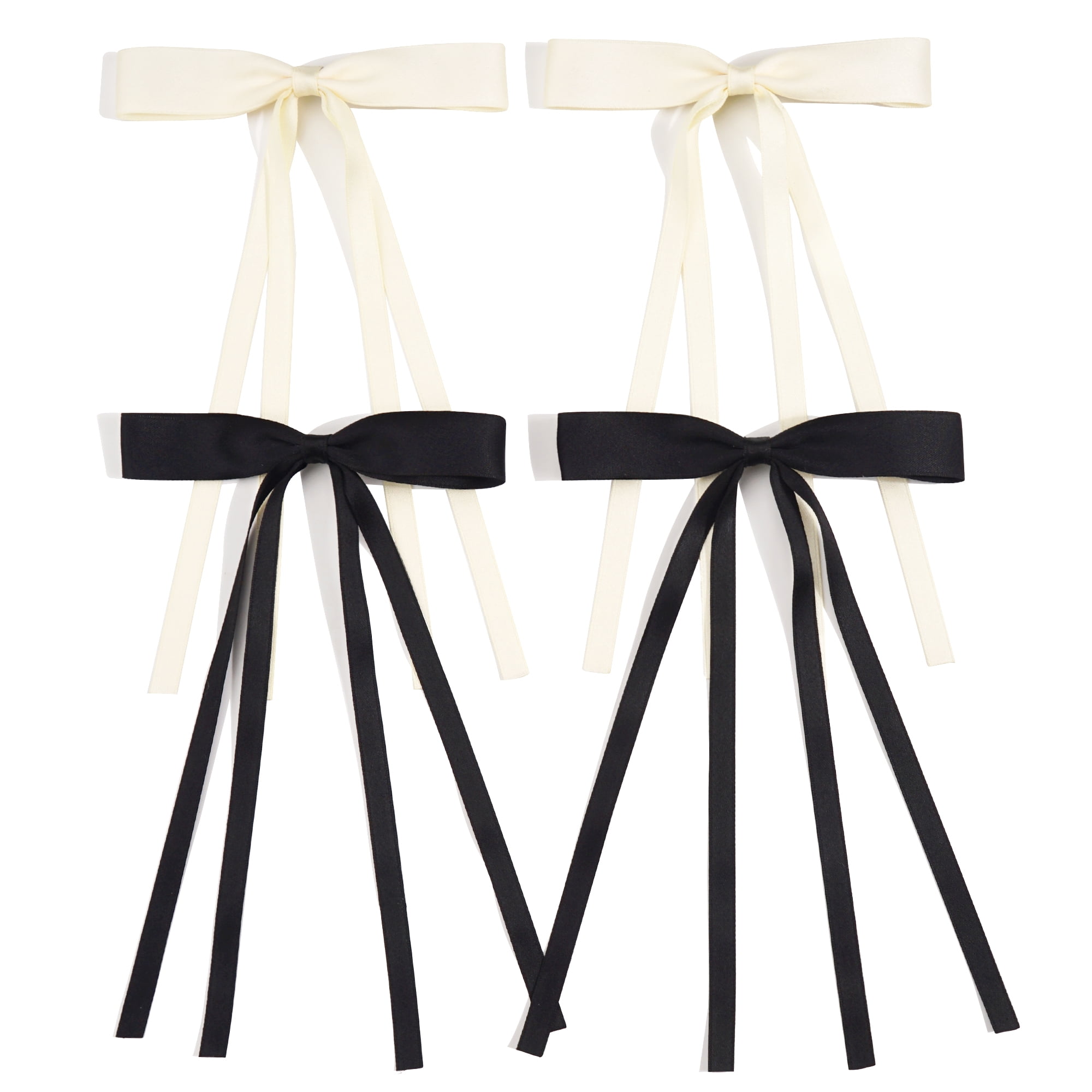 JOYOYO  4pcs Hair Bows for Women Tassel Ribbon Bowknot With Long Tail,Solid Accessories Barrettes Claw Bow (Black&Beige)