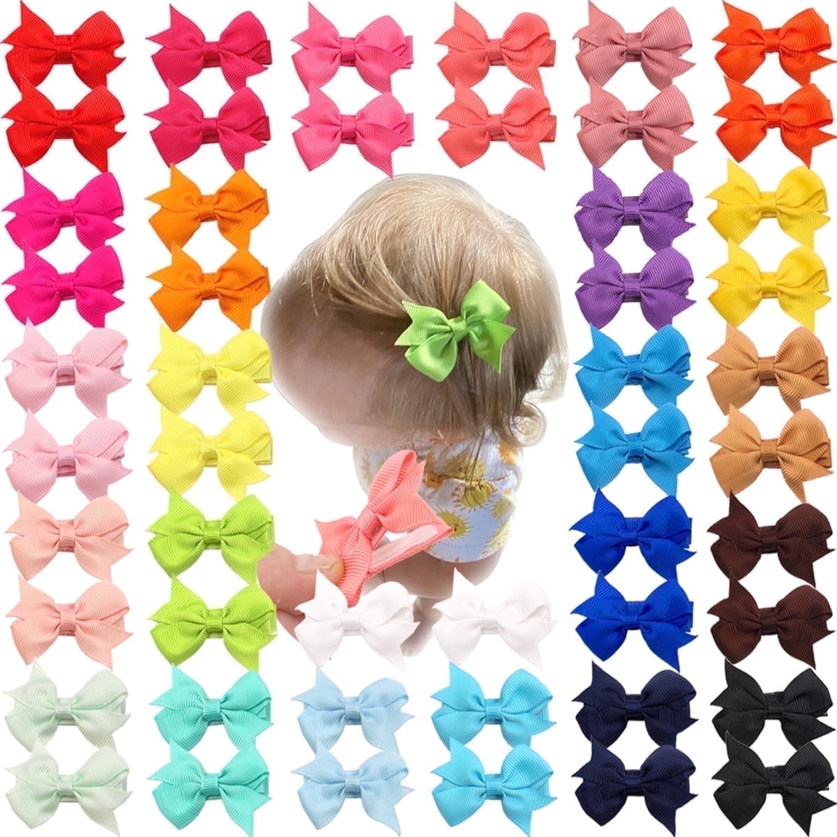 JOYOYO 50Pcs 25 Colors in Pairs Tiny 2" Baby Hair Bows Fully Covered Barrettes Clips for Little Girls Infants Toddlers