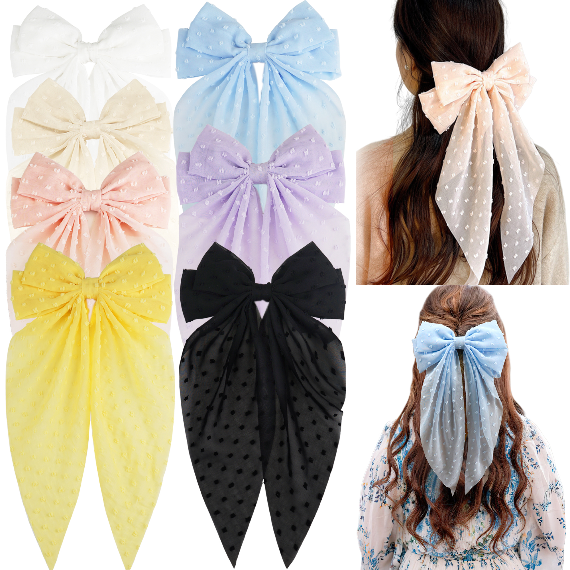 JOYOYO 7 pcs Hair Bows for Women Girls,Silky Satin Hair Ribbon Bow Hair Clips with Long Tails Hair Accessories for Women and Girls