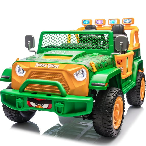 Joyracer 24 Volt Ride on Toys for Big Kids, Licensed Angry Birds Ride on Truck with Remote, 2 Seater 4WD Electric Ride ons with Shovel, Bluetooth, Lights, Power Car Wheels for 3-8, 130lbs, Green