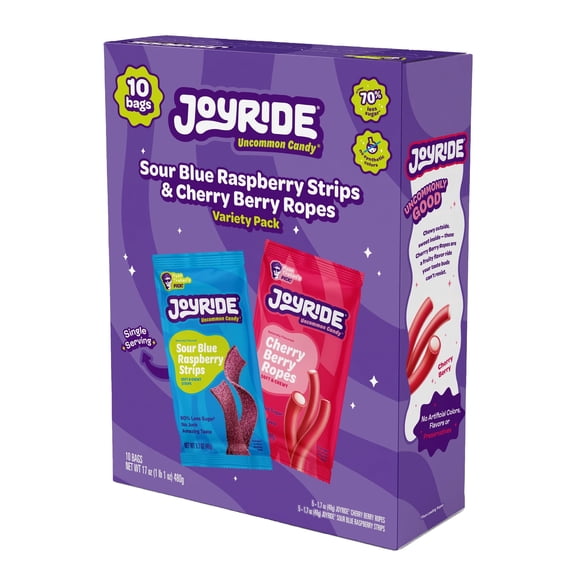 JOYRIDE Assorted Candy Box, Sour Blue Raspberry Strips & Cherry Berry Ropes, 10ct., 1.7 oz