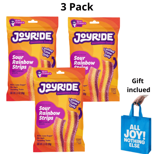 JOYRIDE Sour Rainbow Strips Less Sugar Soft Chewy 3 Count, 3.5 oz Each