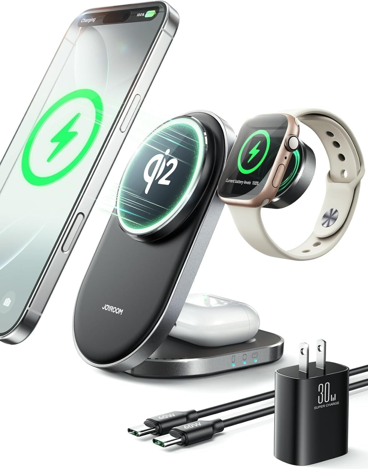JOYROOM 3 in 1  Foldable Wireless Charger for Apple Devices, Qi2 Certified 15W Magnetic Fast Charging Station for MagSafe iPhone 17/16/15/14/13/12, Apple Watch, AirPods