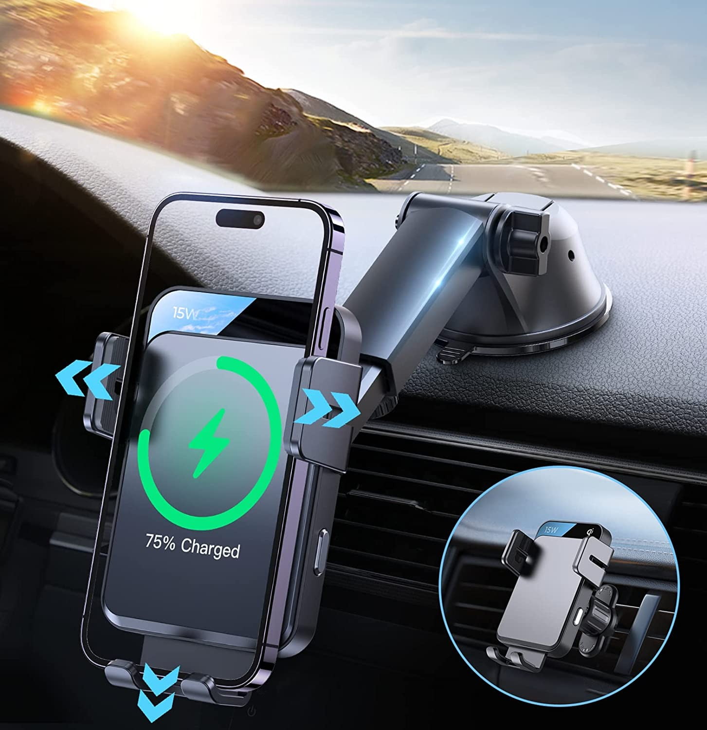 JOYROOM 3 in 1 Wireless Car Charger, 15W Fast Charging Phone Car Mount Auto-Clamping Windshield Dashboard Air Vent Car Phone Holder for iPhone, Samsung, All Smartphones