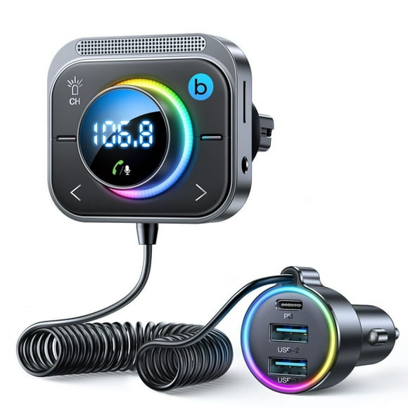 JOYROOM Bluetooth 5.3 Car Wireless FM Transmitter Adapter, 3-Port PD & QC 3.0 USB C Charger, Radio Aux Handsfree Car Kit, Music Player with Air Vent Clip