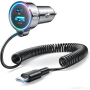 JOYROOM USB C Car Charger, 90W Fast Charging Dual Port PD & QC 3.0 Car Phone Charger Adapter with 5ft Built-in Type C Cable for iPhone, Samsung, Android Phones, Tablets