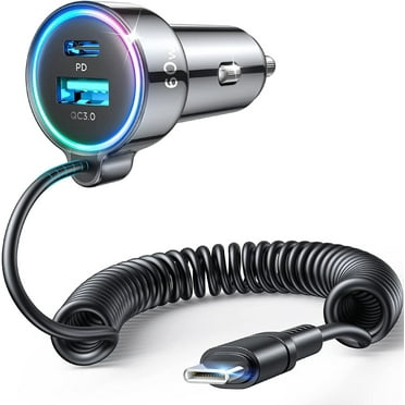 JOYROOM USB C Car Charger, 60W Fast Charging Dual Port PD & QC 3.0 Car Phone Charger Adapter with 5ft Built-in Type C Cable for iPhone, Samsung, Android Phones, Tablets