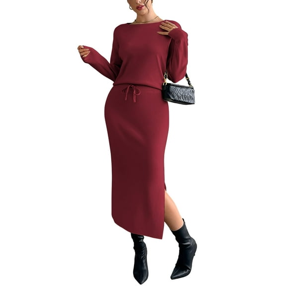 JOYSONS Elegant Women 2 Piece Outfits Sets - Boatneck Long Sleeve Matching Outfits for Women with Slid Slit Midi Length