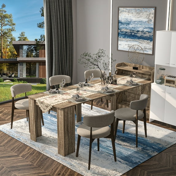 JOYSOURCE 20"-100" Extendable Dining Table with Storage Sideboard for 6-10 Person, Extra Long Transformer Table, Modern Multifunctional Conference Meeting Table with Extension Leaves Holder, Oak