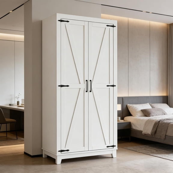 JOYSOURCE 70'' Large Armoire Wardrobe Closet with Hanging Rod, Tall Farmhouse 20'' Deep Farmhouse Barn Door Clothing Storage Cabinet with Anti-tip Device, Bedroom Armoires with Shelf White
