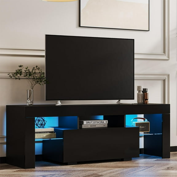 JOYSOURCE Black TV Stand with LED for 55/60 inch TV, Modern High Gloss Entertainment Center with Large Storage for Living Room