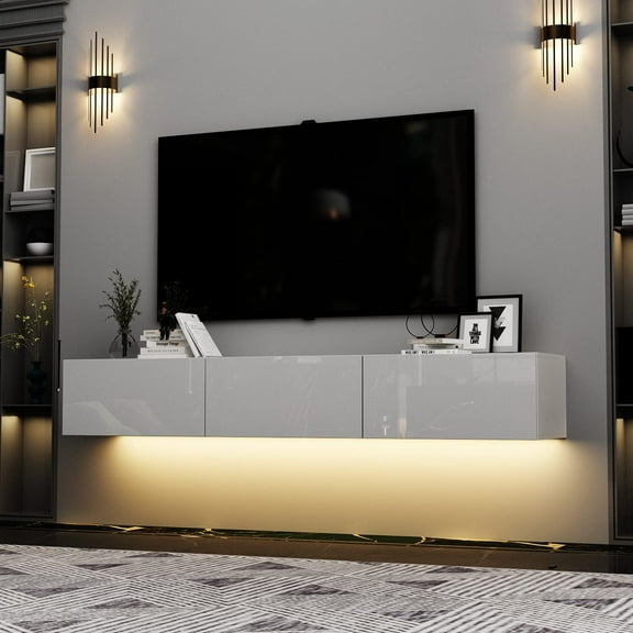 JOYSOURCE Floating TV Stand with LED for 60 65 70in TV, Glossy Wall Mounted Modern Entertainment Center with 3 Drawers , White