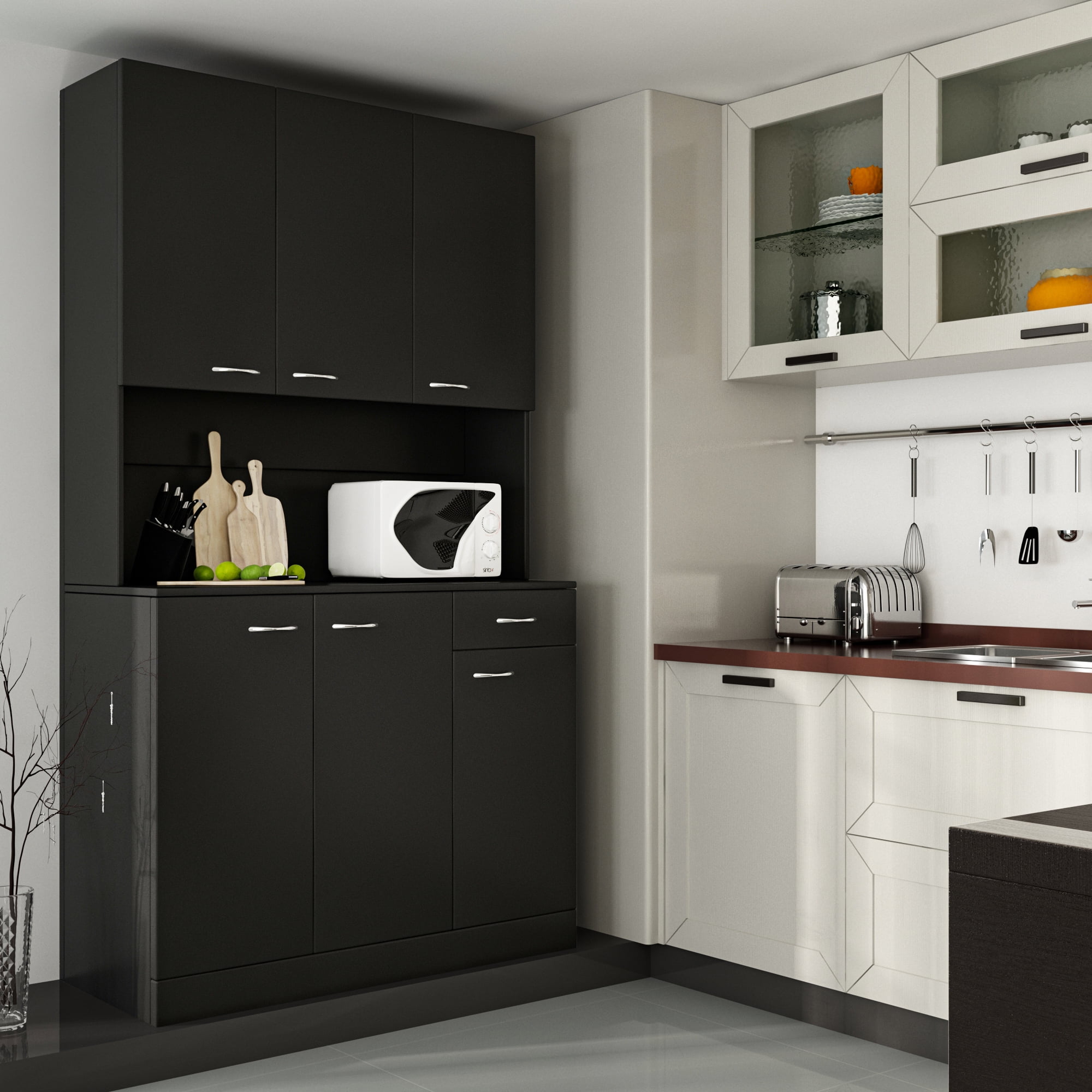 JOYSOURCE Kitchen Pantry Cabinets with 6 Doors and 3 Adjustable Shelves, 71" China Cabinet Hutch with Freestanding, Buffet Cabinet with Storage, Microwave Stand with Storage Cabinet, Black