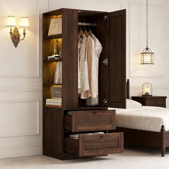 JOYSOURCE Large Armoire Wardrobe Closet with Hanging Rod, LED, Drawers, Display Shelves, Tall Farmhouse Farmhouse Barn Door Clothing Storage Cabinet with Anti-tip Device, Bedroom Armoires Walnut