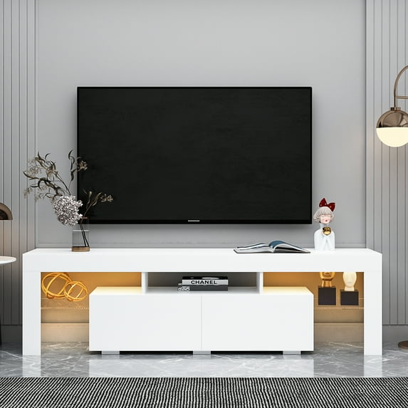 JOYSOURCE White TV Stand with LED for 55 60 65 70 75 inch TV, Modern High Gloss Entertainment Center with Large Storage for Living Room