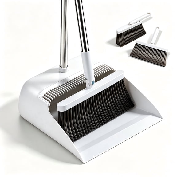 JOYSS Broom and Dustpan Set for Home, 53" Long Handle Broom with Dustpan Combo Set, Built-in Comb Teeth, Includes 2 Broom Heads, Stand-Up Storage, White