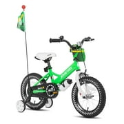 JOYSTAR Little Rock Boys bike with Flag & Number Plate,12 inch Kids Bike, Green