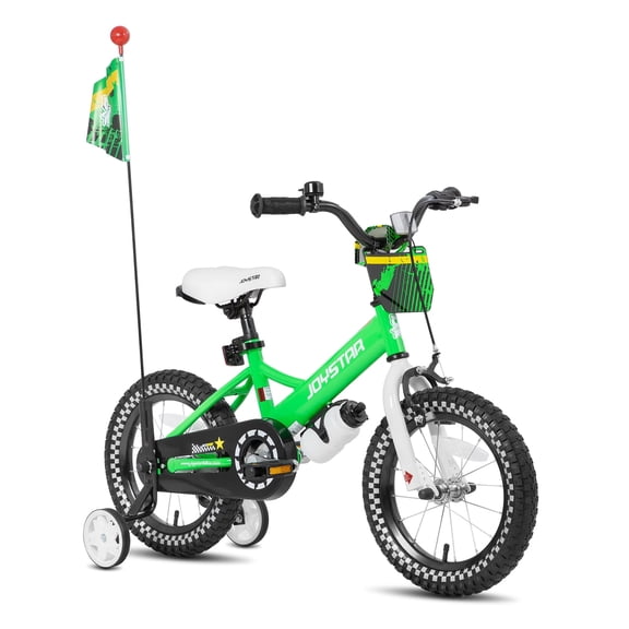JOYSTAR Little Rock Boys bike with Flag & Number Plate,12 inch Kids Bike, Green
