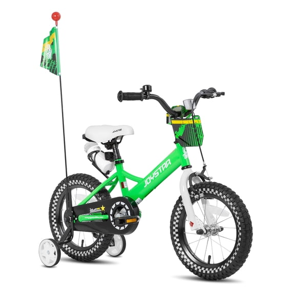 JOYSTAR Little Rock Boys bike with Flag & Number Plate,16 inch Kids Bike, Green