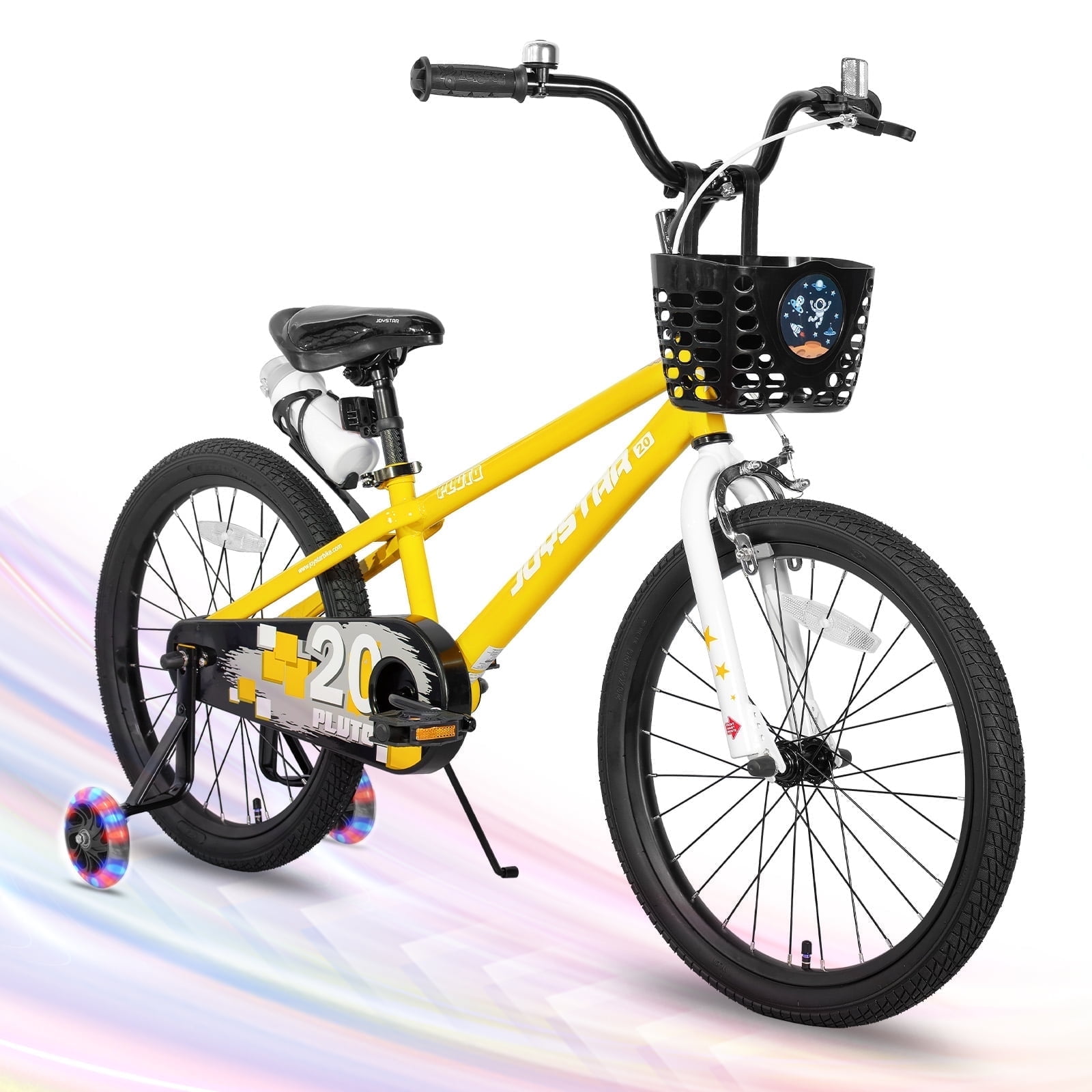 JOYSTAR Bici Per Bambini Pluto – Ruote 12-20 Pollici, Con Ruote Stabilizzatrici, Cestino, Borraccia E Adesivi, Per Età 2-11 Anni, Colori Vari