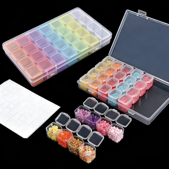JOYSTRY 28 Grids Diamond Painting Bead Storage Container, Perler Beads Organizer for Nail Rhinestones, Craft Supplies & Small Accessories, 2 Pack with 200 Labels, Clear White and Clear Multicolor