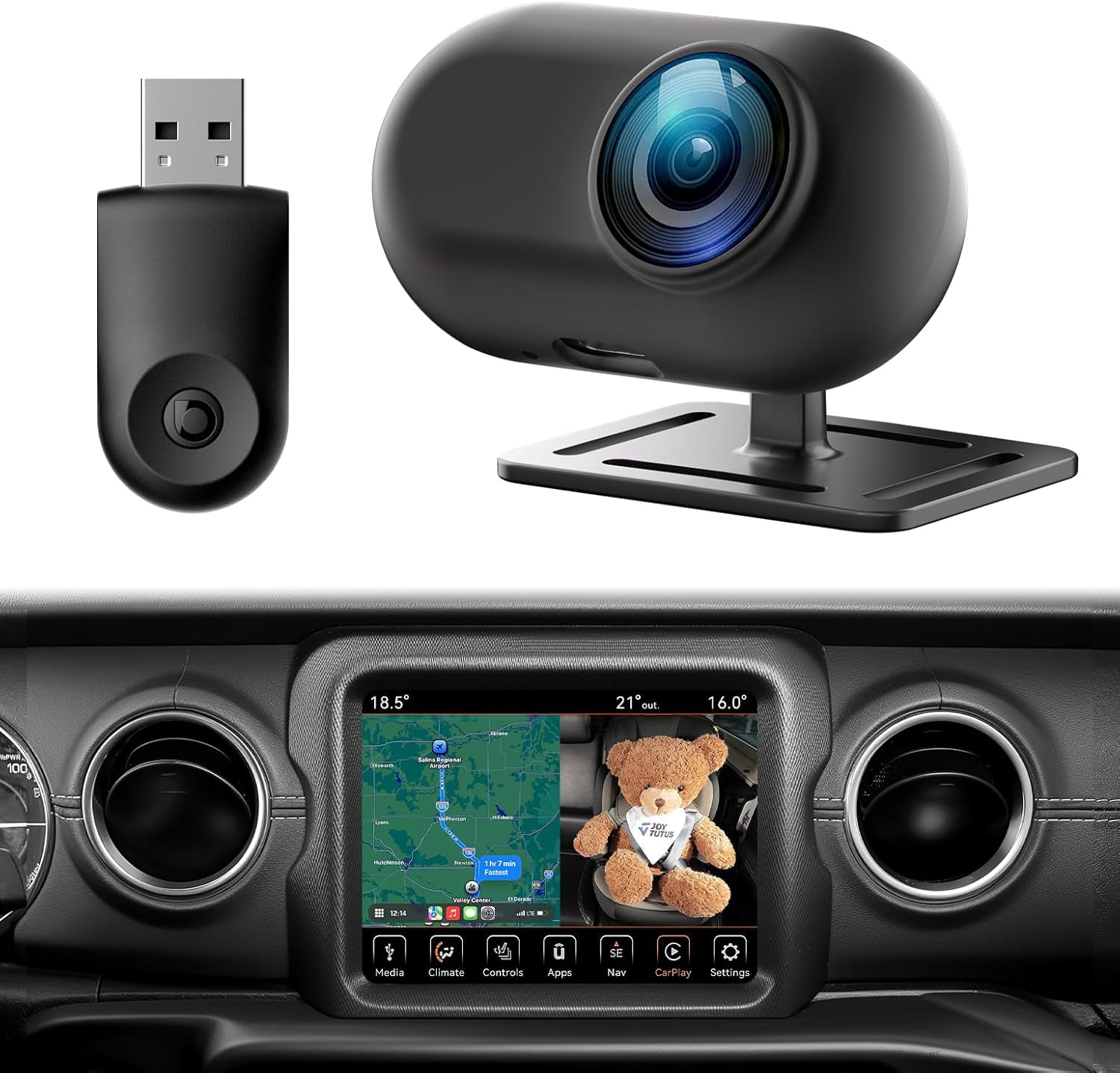 JOYTUTUS Baby Car Camera with Wireless CarPlay Adapter 1080P HD Rear Seat Monitor Display on Car Screen Backseat Camera for Kids 150°Wide