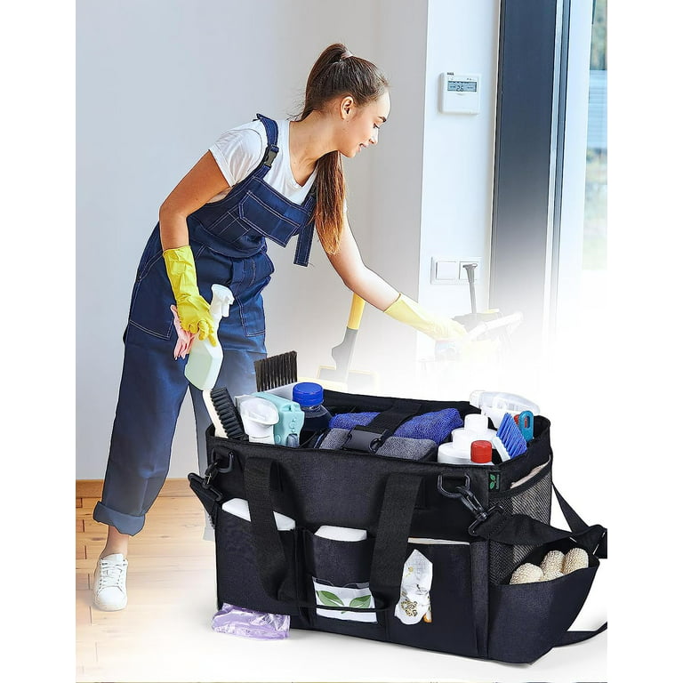 JOYTUTUS Cleaning Caddy Bags for Housekeepers, Cleaning Supplies Organizer,  Tools Tote with Handle for Housekeeping and Car Storage, Black