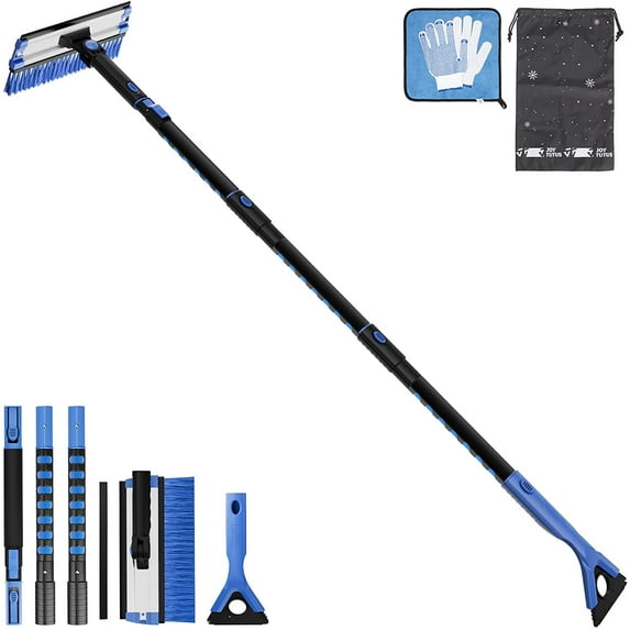 JOYTUTUS Snow Brush and Extendable 61.3" Ice Scraper,Snow Broom with 270° Pivoting Head and Foam Grip for Car, Blue