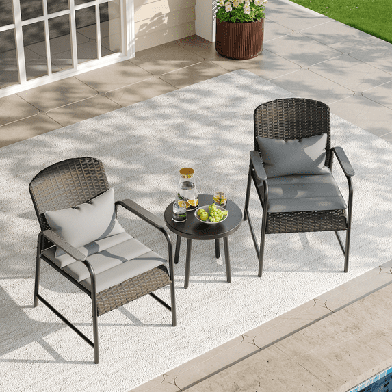 JOYURE 3 Pieces Outdoor Patio Furniture Set,All-weather Wicker Rattan Bistro Set with Coffee Table and Cushions for Yard,Garden,Balcony,Chocolate Brown