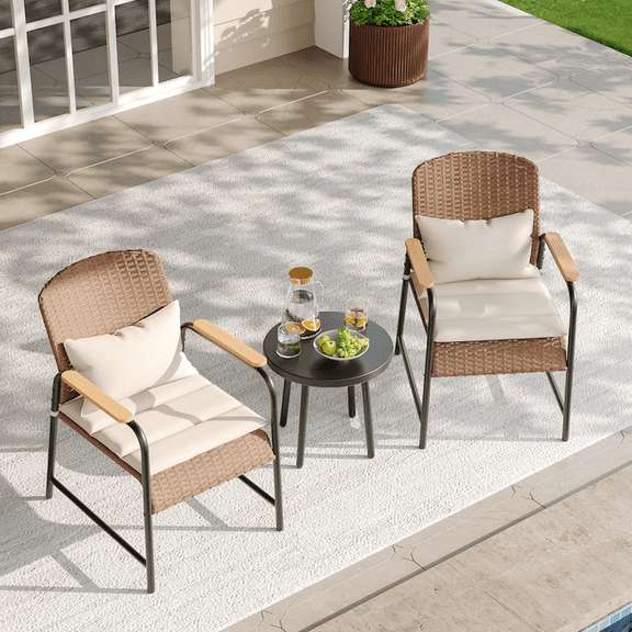 JOYURE 3 Pieces Outdoor Patio Furniture Set,All-weather Wicker Rattan Bistro Set with Coffee Table and Cushions for Yard,Garden,Balcony,Beige