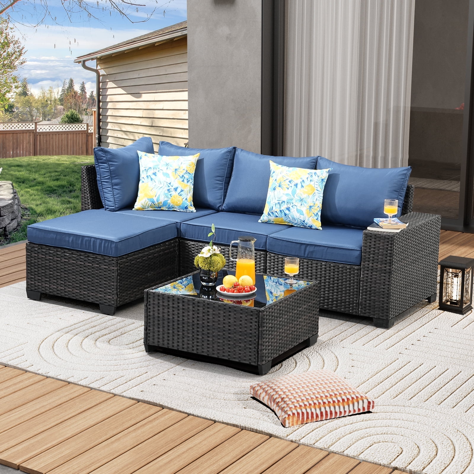JOYURE 5pc All-Weather Patio Set, Outdoor Wicker Sofa, Cushion