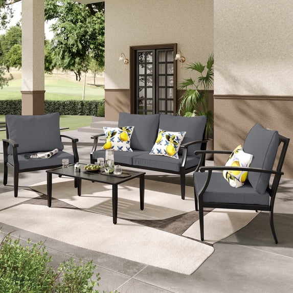 JOYURE 4 pieces Patio Furniture Set w/loveseat,Coffe Table,Outdoor Conversation Metal Sofa with High Back and Thick Cushion,for Backyard,Garden,Grey