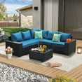 thumbnail image 1 of JOYURE 6 Pieces Patio Furniture set All-Weather Outdoor Wicker Sectional Conversation Sofa Rattan patio seating sofa with cushion and Glass Table and Ottoman for Porch Poolside,Peacock, 1 of 8