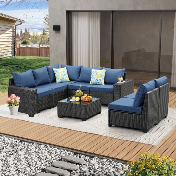 JOYURE 8 Pieces Patio Furniture set All-Weather Outdoor Wicker Sectional Conversation Sofa Rattan patio seating sofa with cushion and Glass Table and Ottoman for Porch Poolside,Navy