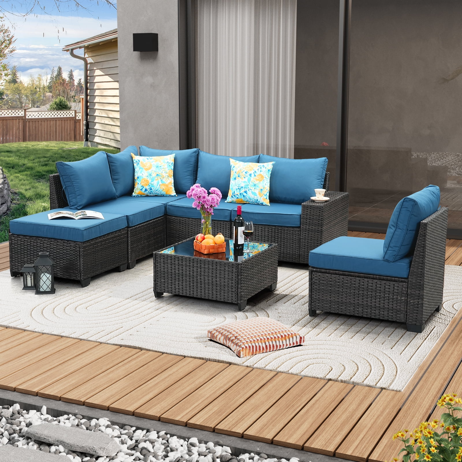 JOYURE 7 Pieces Patio Furniture set All-Weather Outdoor Wicker Sectional Conversation Sofa Rattan patio seating sofa with cushion and Glass Table and Ottoman for Porch Poolside,Peacock