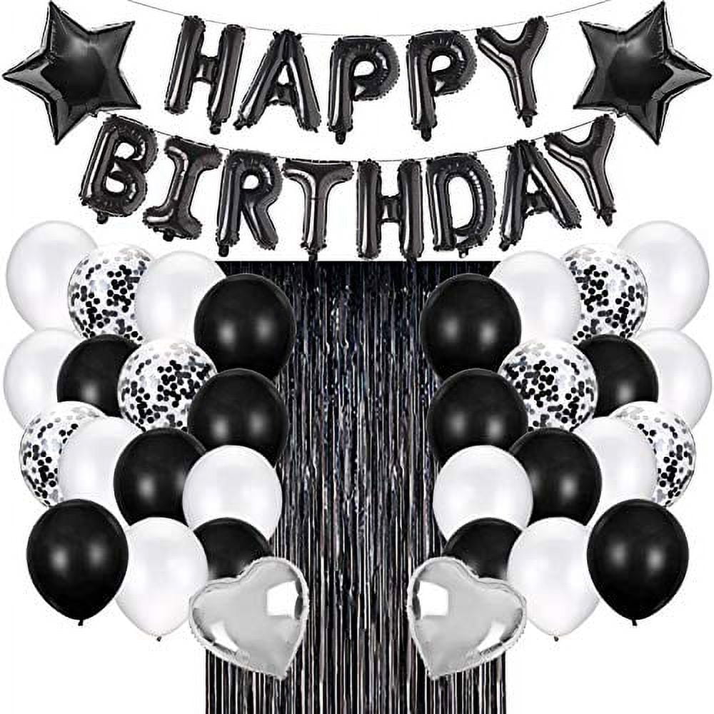 JOYYPOP Birthday Party Decorations Happy Birthday Balloons Banner with Black and White Balloons Set, Black Foil Fringe Curtain for Men Women Adults