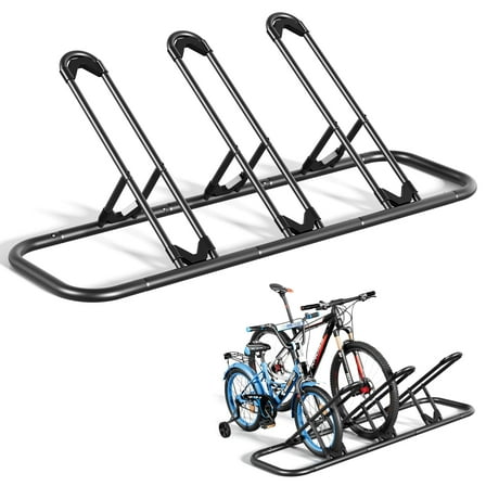 JOZ 3-Bike Floor Parking Rack for Bicycles Wheel/Tire(Max Tire Width 2.5"), with Buckle, for Indoor/Outdoor Garage Storage, Black