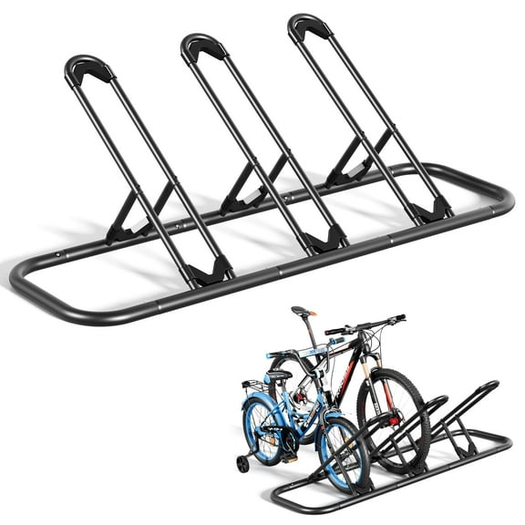 JOZ 3-Bike Floor Parking Rack for Bicycles Wheel/Tire(Max Tire Width 2.5"), with Buckle, for Indoor/Outdoor Garage Storage, Black