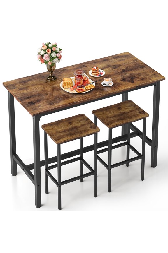 3-Piece Bar Table Set with 2 Stools, 47.2 Rectangular Pub Table with Sturdy Metal Frame, Rustic Brown, Space-Saving Dining Set for Kitchen, Living Room, Small Space