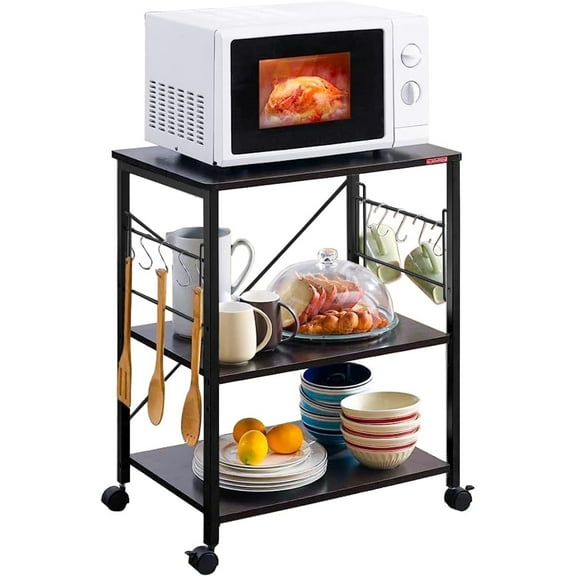 JOZ 3-Tier Kitchen Utility Serving Cart, Multifunction Microwave Oven Stand, Baker's Rack with Storage Shelf and 10 Hooks, Black
