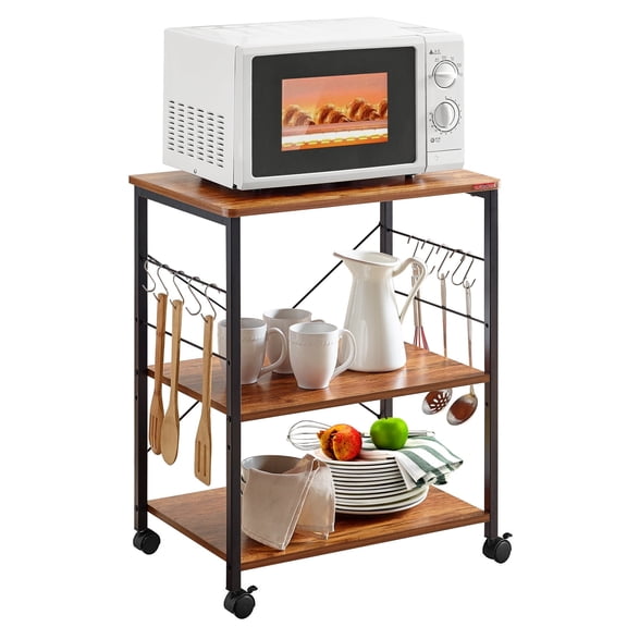 JOZ 3-Tier Kitchen Utility Serving Cart, Multifunction Microwave Oven Stand, Baker's Rack with Storage Shelf and 10 Hooks, Vintage