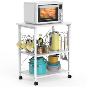 JOZ 3-Tier Kitchen Utility Serving Cart, Multifunction Microwave Oven Stand, Baker's Rack with Storage Shelf and 10 Hooks, White