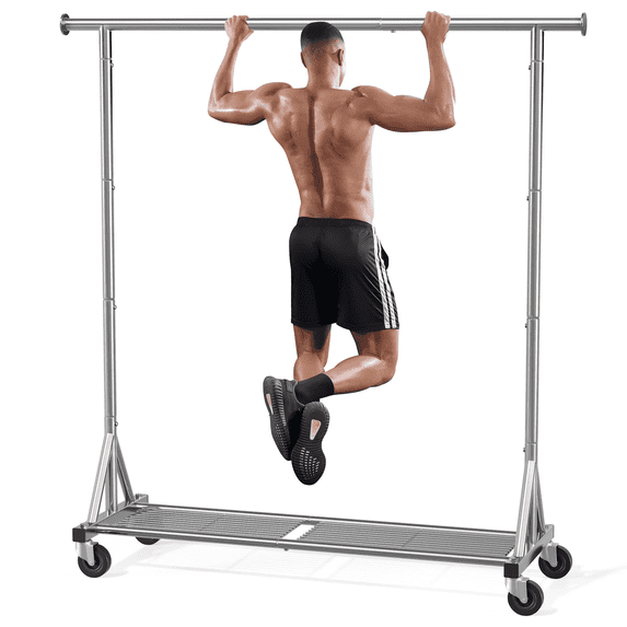 Mr IRONSTONE 450 lbs Heavy Duty Clothes Rack, Silver Chrome Garment Rack with Rolling Wheels and Bottom Shelf