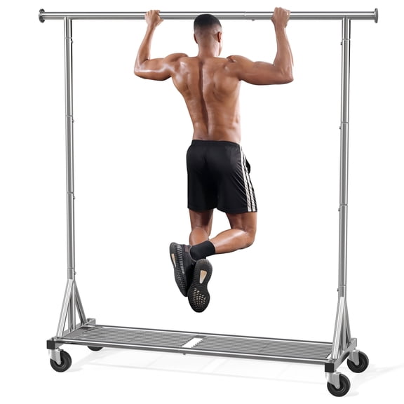 Mr IRONSTONE Heavy Duty Clothes Rack, Rolling Garment Rack with Lockable Wheels & Bottom Shelf, Space-Saving Metal Closet Organizer for Bedroom Laundry, Silver