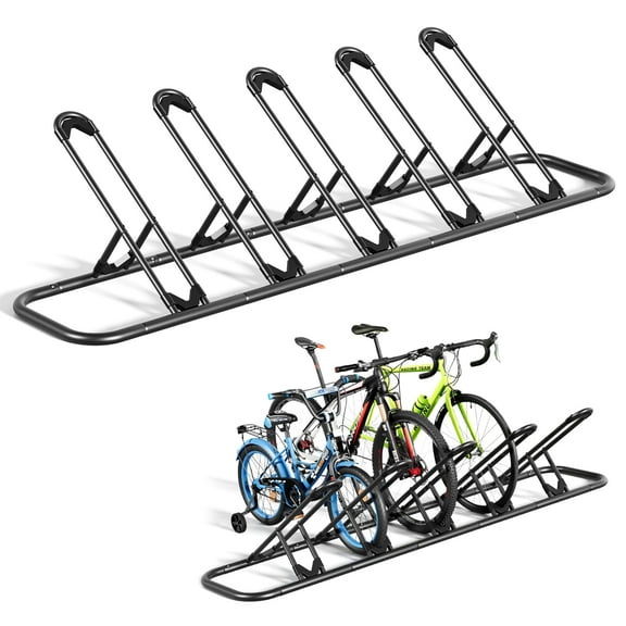 JOZ 5-Bike Floor Parking Rack for Bicycles Wheel(Max Tire Width 2.5"), with Tire Buckle, for Indoor/Outdoor Garage Storage, Black
